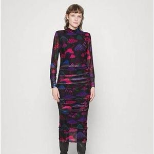 FARM Rio Neon Mushroom ruched long sleeve tulle dress XL